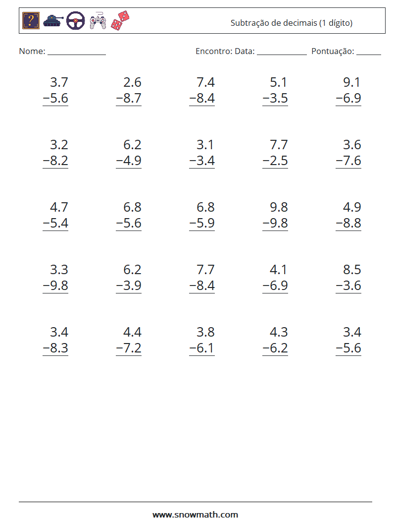 (25) Subtração de decimais (1 dígito) planilhas matemáticas 8