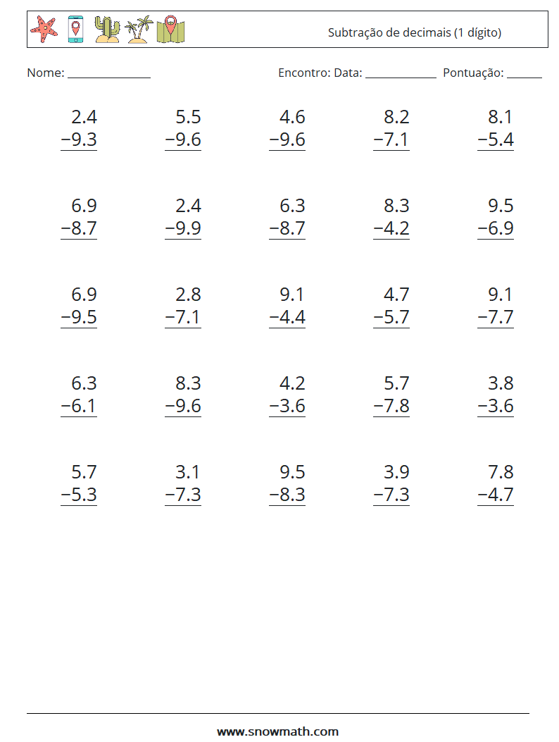 (25) Subtração de decimais (1 dígito) planilhas matemáticas 9