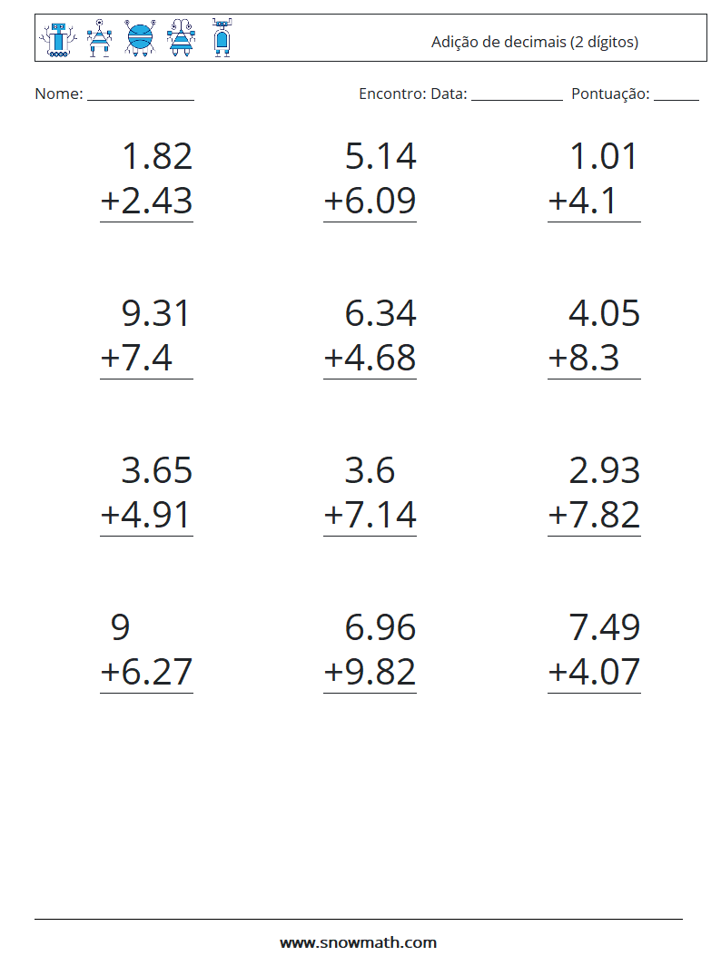 (12) Adição de decimais (2 dígitos) planilhas matemáticas 10