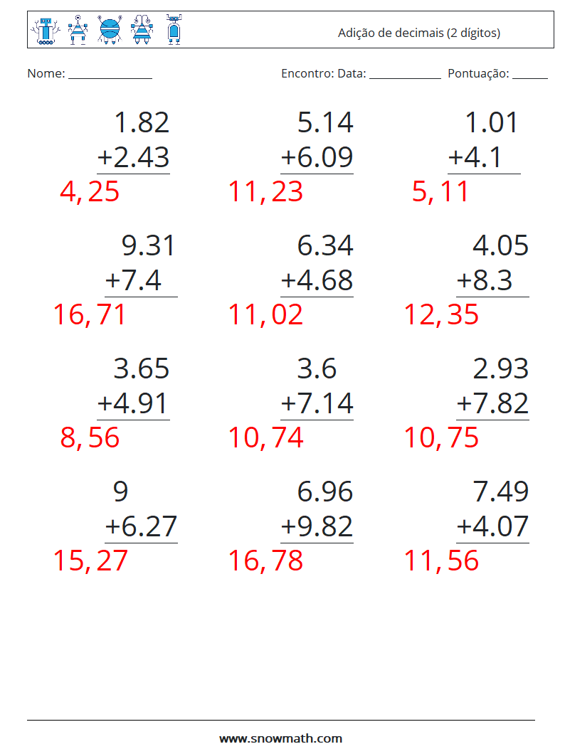 (12) Adição de decimais (2 dígitos) planilhas matemáticas 10 Pergunta, Resposta