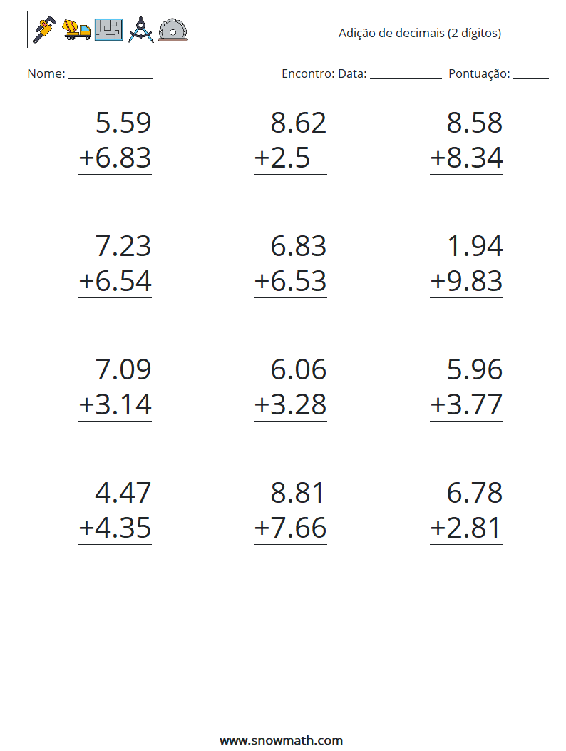 (12) Adição de decimais (2 dígitos) planilhas matemáticas 11