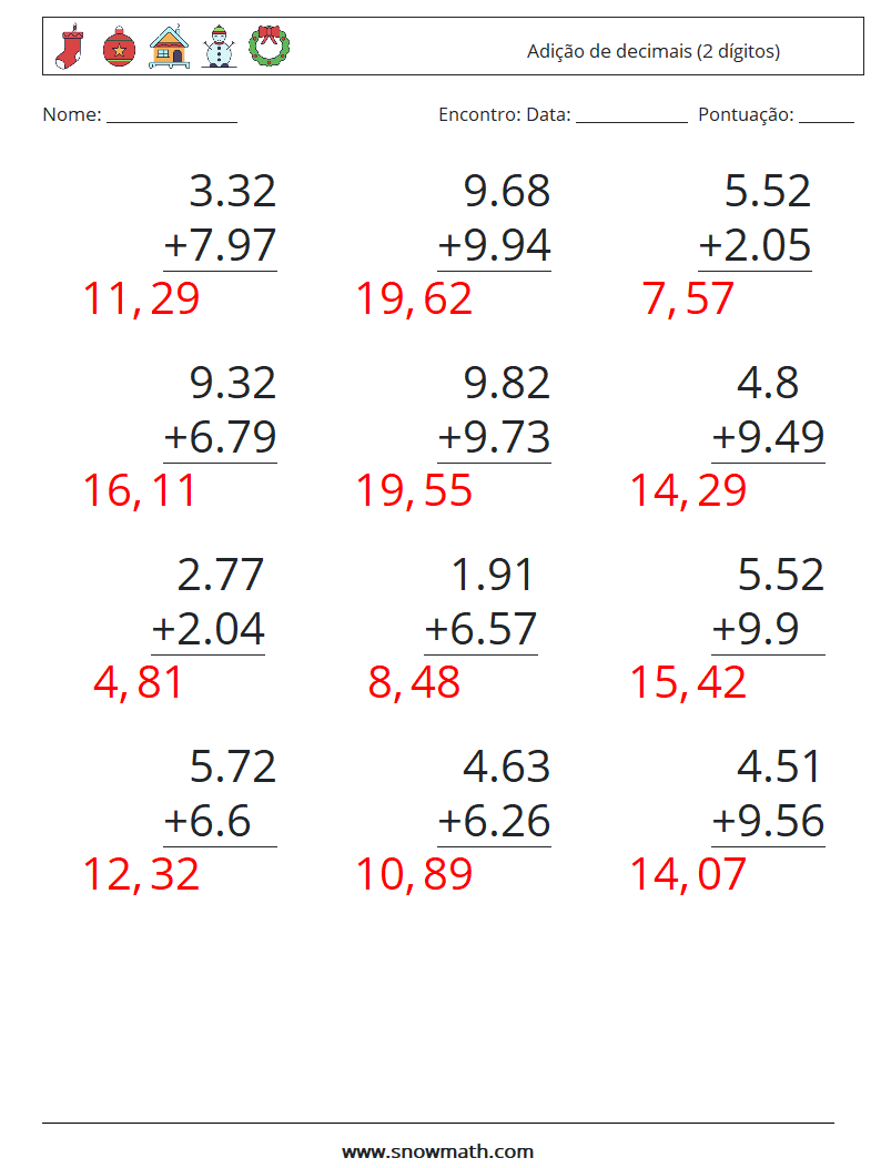 (12) Adição de decimais (2 dígitos) planilhas matemáticas 12 Pergunta, Resposta
