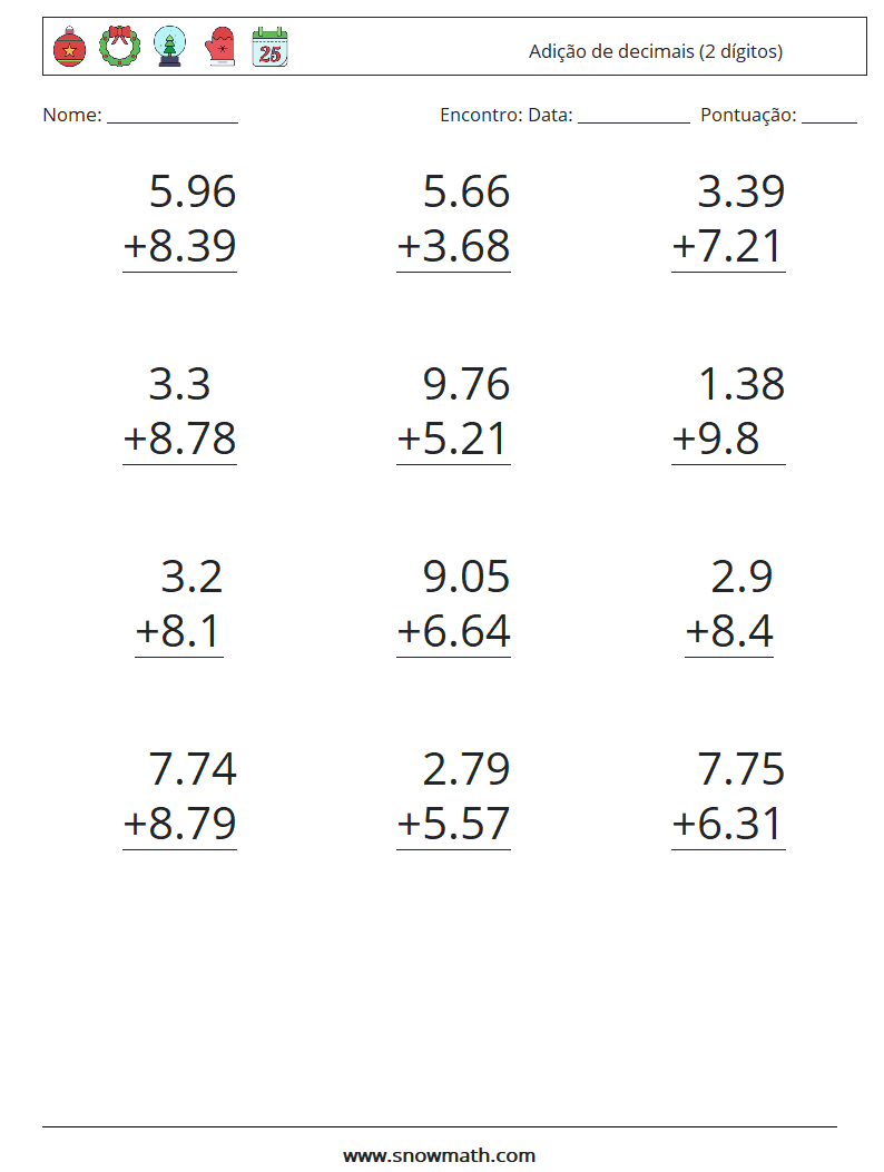 (12) Adição de decimais (2 dígitos) planilhas matemáticas 13