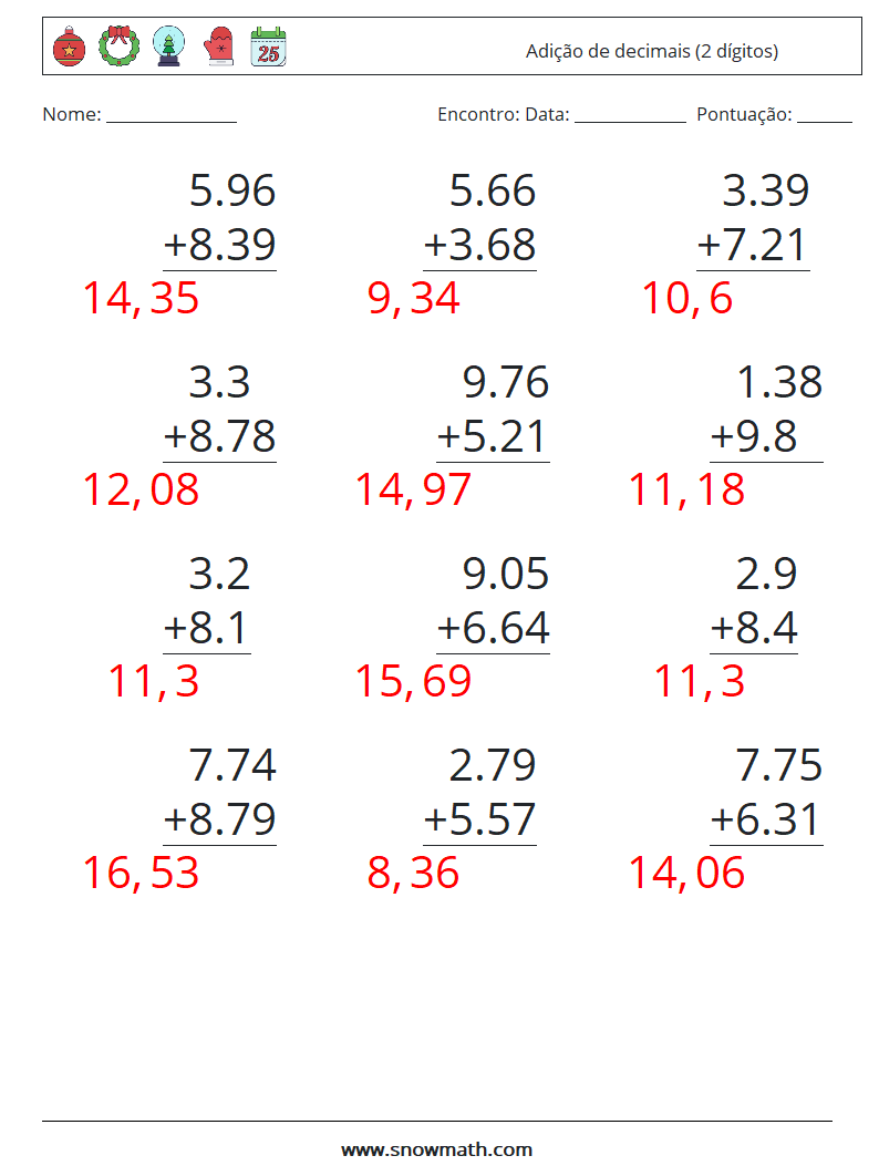 (12) Adição de decimais (2 dígitos) planilhas matemáticas 13 Pergunta, Resposta