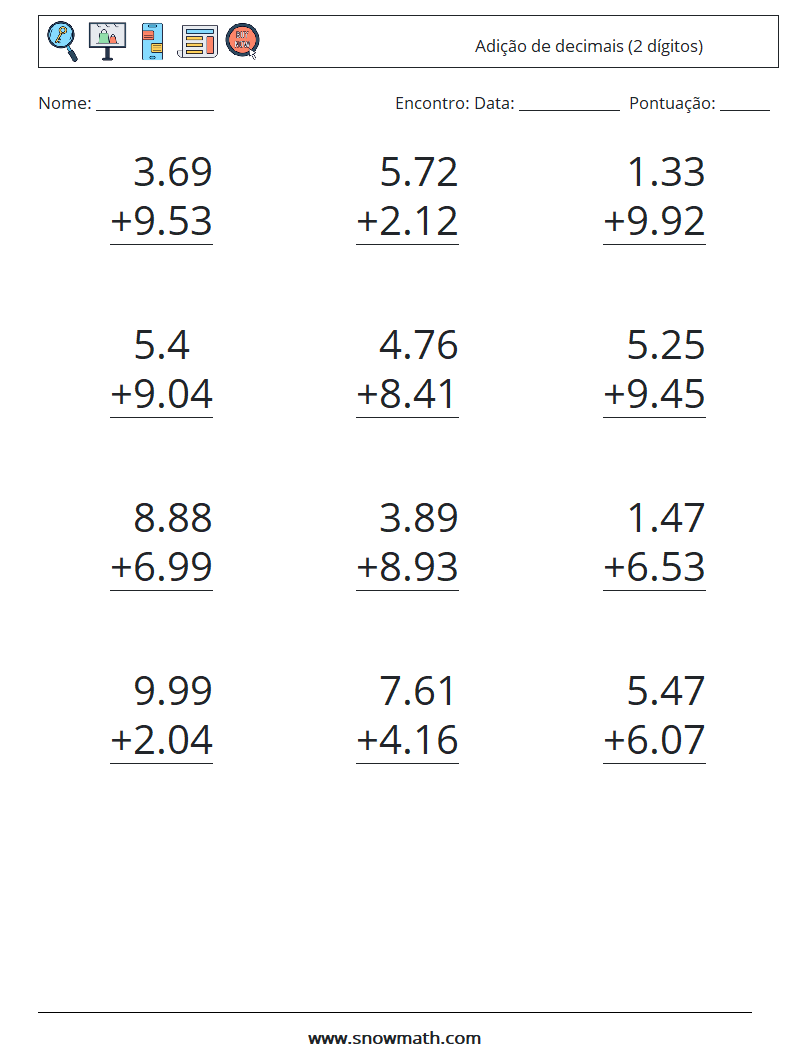 (12) Adição de decimais (2 dígitos) planilhas matemáticas 14