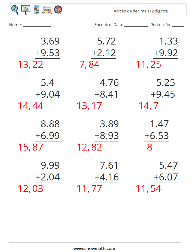 (12) Adição de decimais (2 dígitos) planilhas matemáticas 14 Pergunta, Resposta