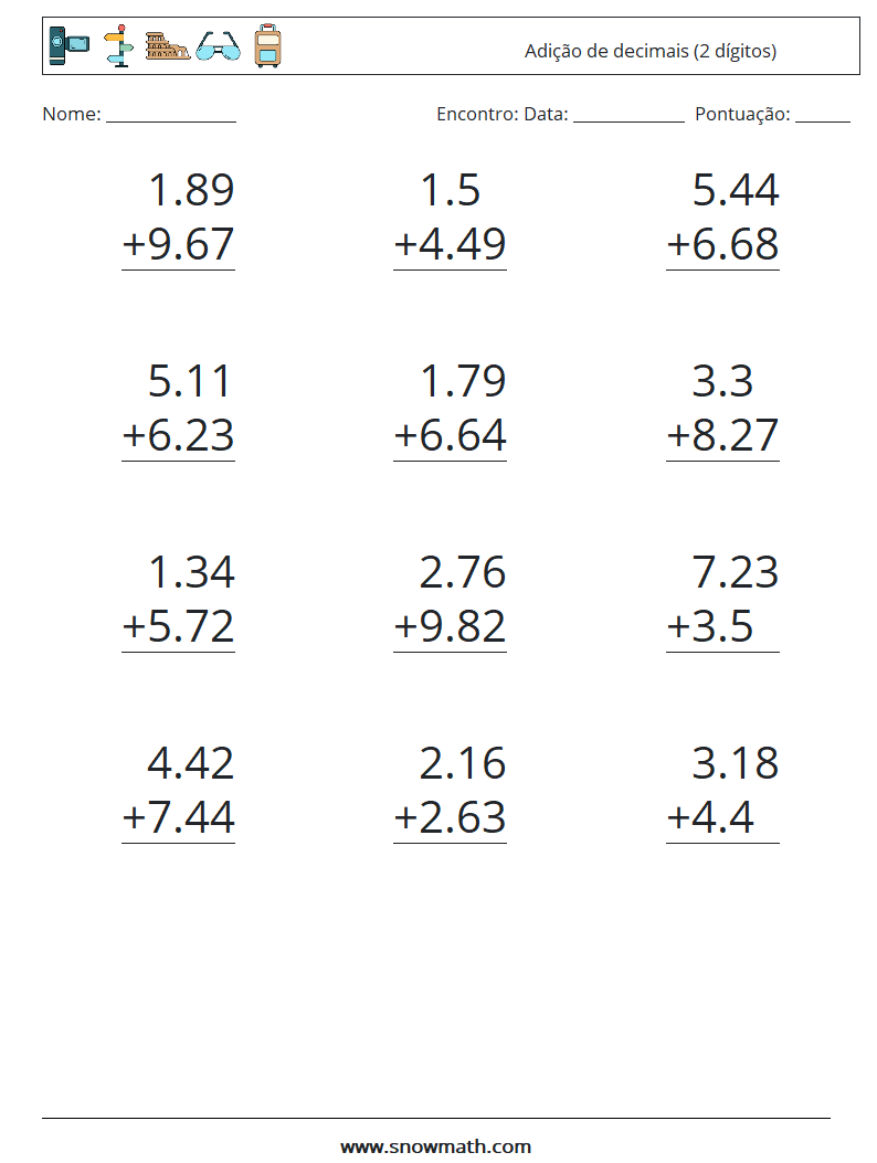 (12) Adição de decimais (2 dígitos) planilhas matemáticas 15