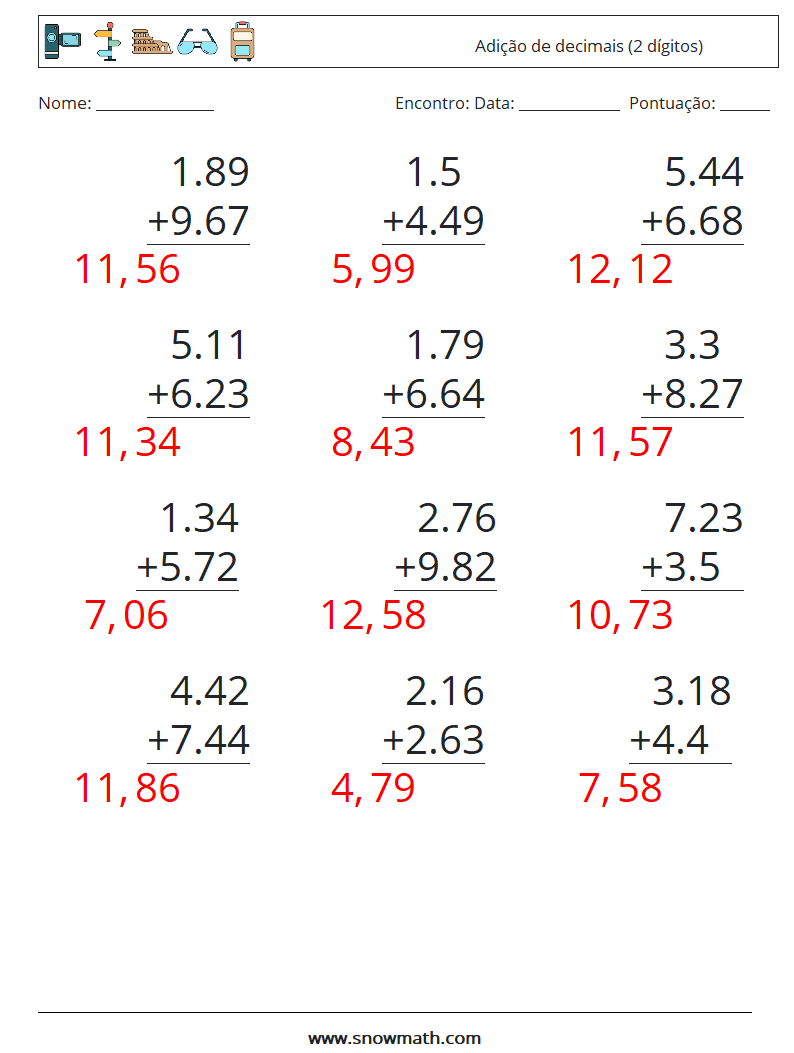 (12) Adição de decimais (2 dígitos) planilhas matemáticas 15 Pergunta, Resposta