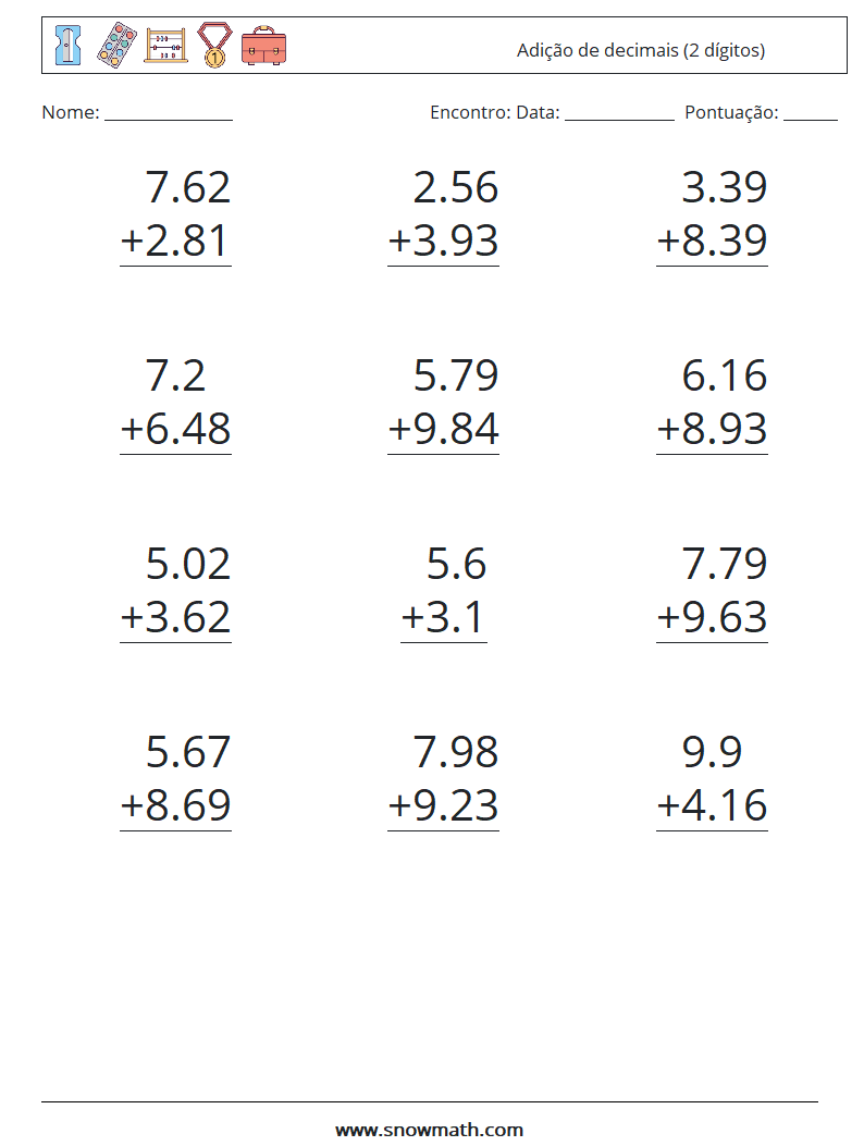 (12) Adição de decimais (2 dígitos) planilhas matemáticas 16