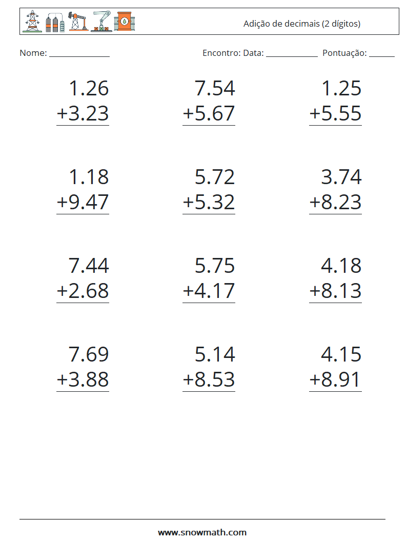 (12) Adição de decimais (2 dígitos) planilhas matemáticas 17