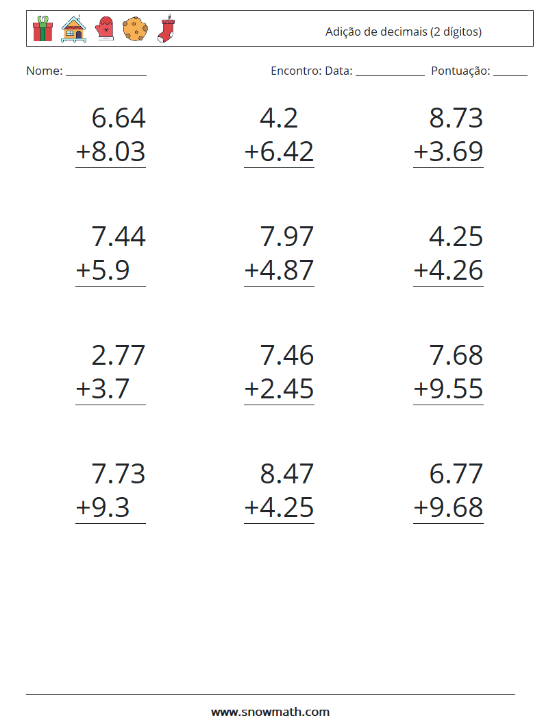 (12) Adição de decimais (2 dígitos) planilhas matemáticas 18