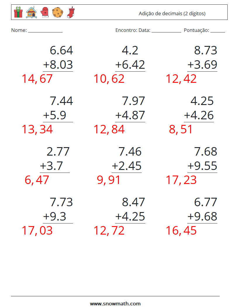 (12) Adição de decimais (2 dígitos) planilhas matemáticas 18 Pergunta, Resposta