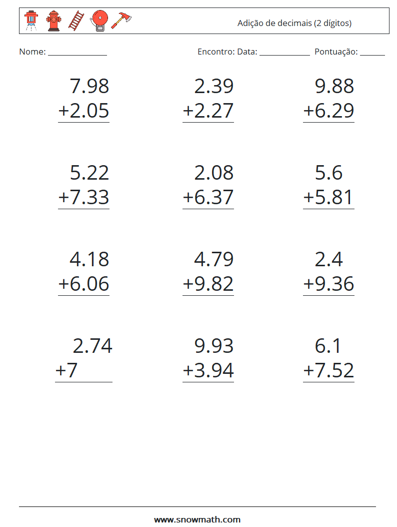 (12) Adição de decimais (2 dígitos) planilhas matemáticas 2