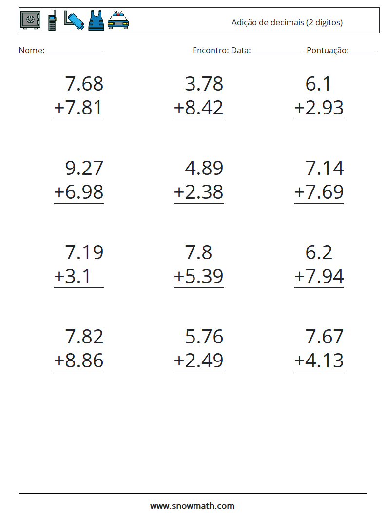 (12) Adição de decimais (2 dígitos) planilhas matemáticas 3