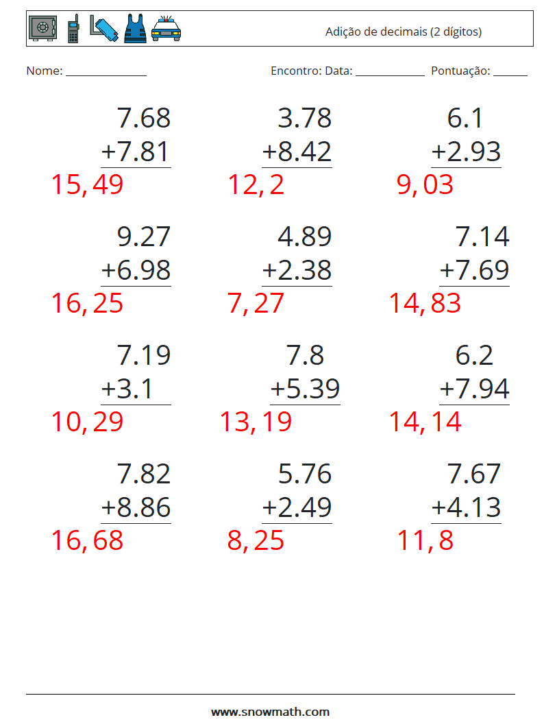 (12) Adição de decimais (2 dígitos) planilhas matemáticas 3 Pergunta, Resposta