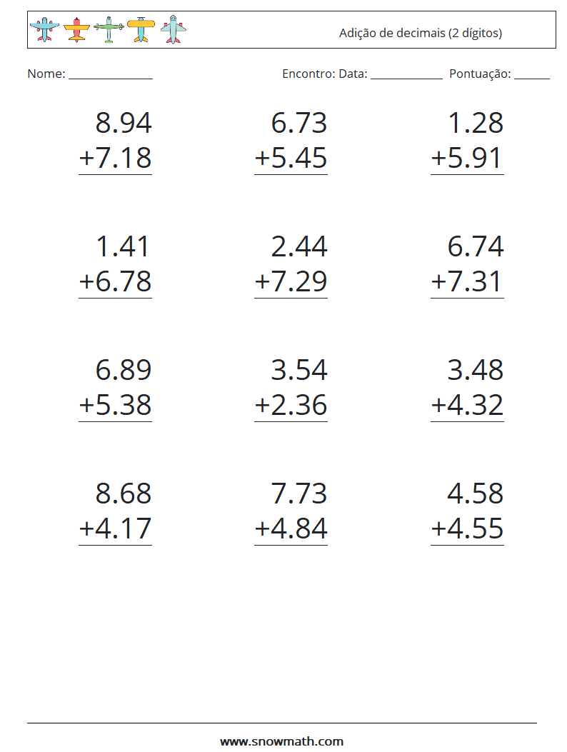 (12) Adição de decimais (2 dígitos) planilhas matemáticas 4