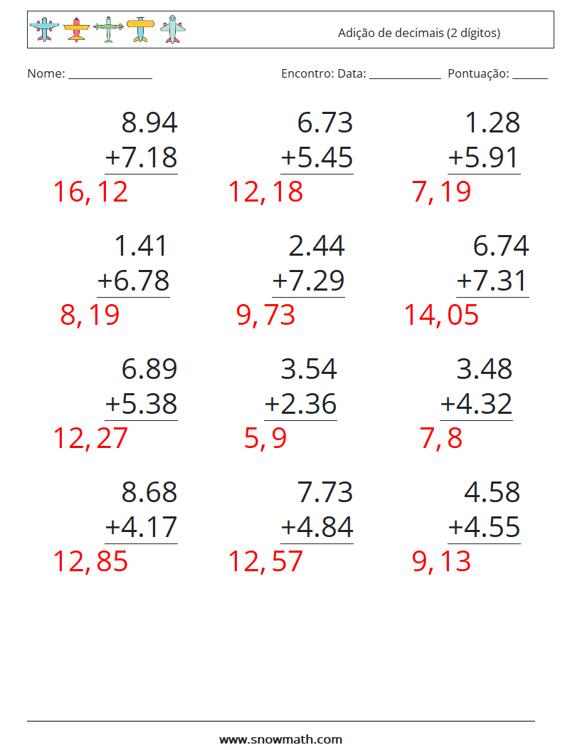 (12) Adição de decimais (2 dígitos) planilhas matemáticas 4 Pergunta, Resposta