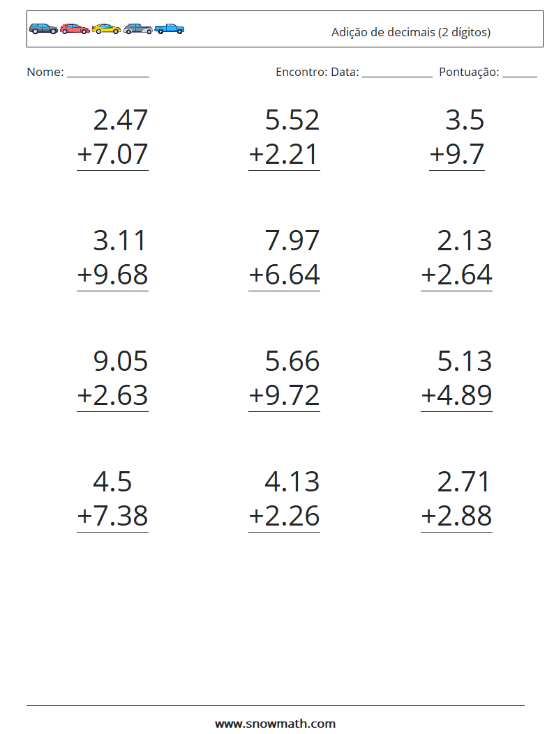 (12) Adição de decimais (2 dígitos) planilhas matemáticas 5