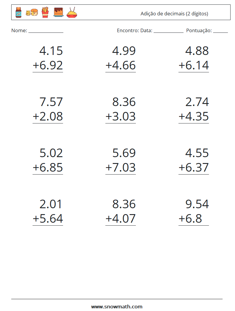 (12) Adição de decimais (2 dígitos) planilhas matemáticas 6