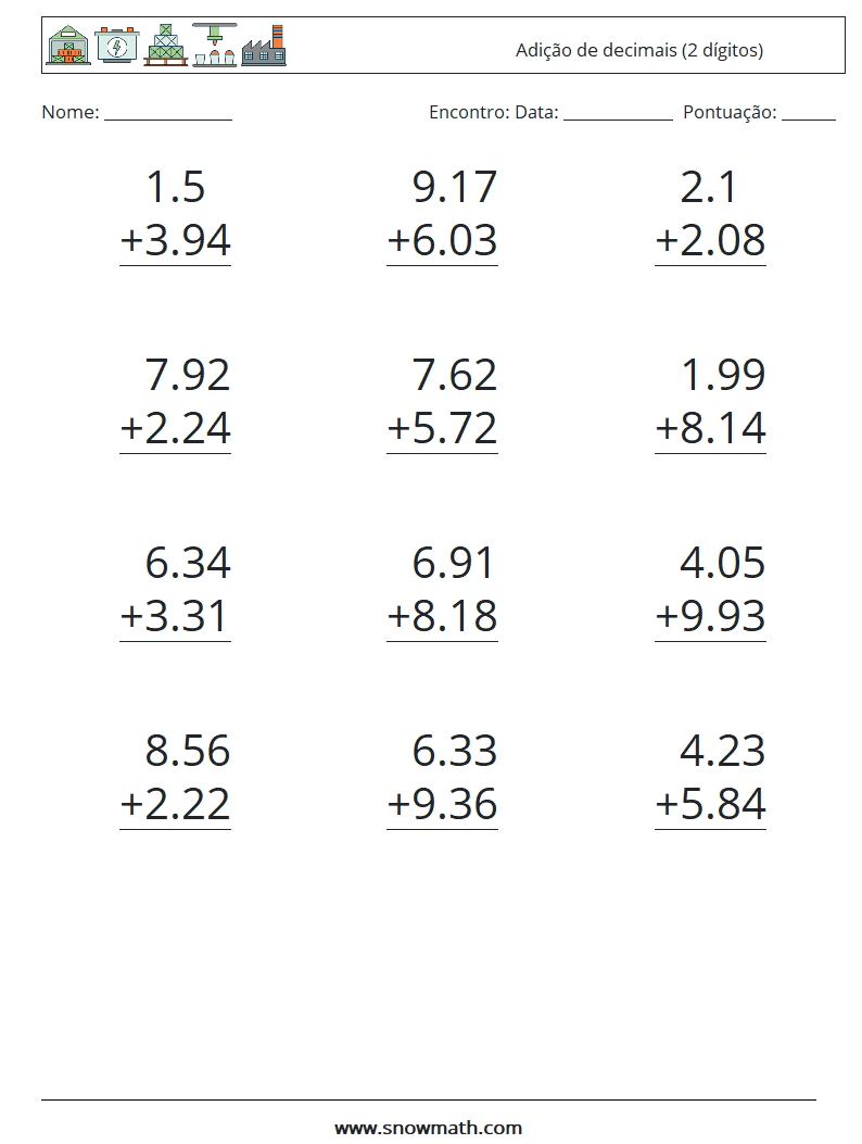 (12) Adição de decimais (2 dígitos) planilhas matemáticas 7