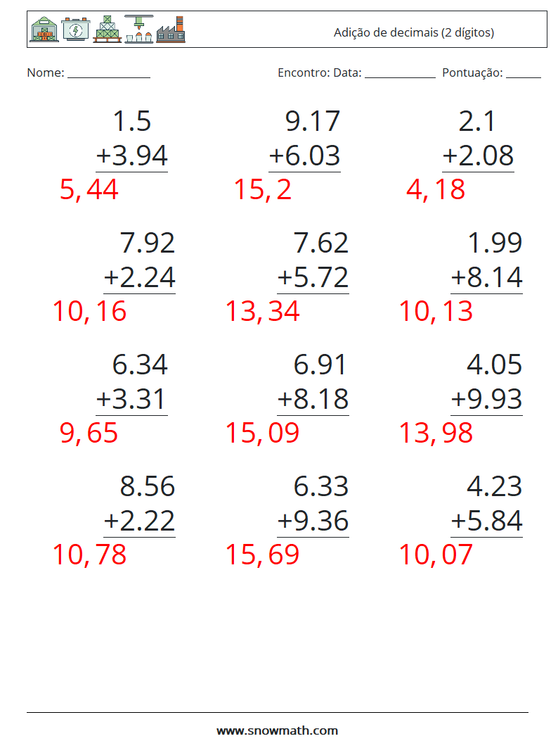 (12) Adição de decimais (2 dígitos) planilhas matemáticas 7 Pergunta, Resposta