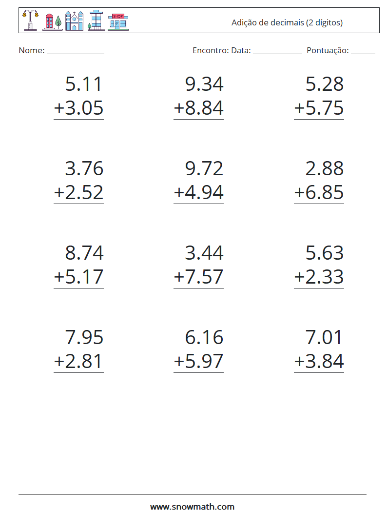 (12) Adição de decimais (2 dígitos) planilhas matemáticas 8