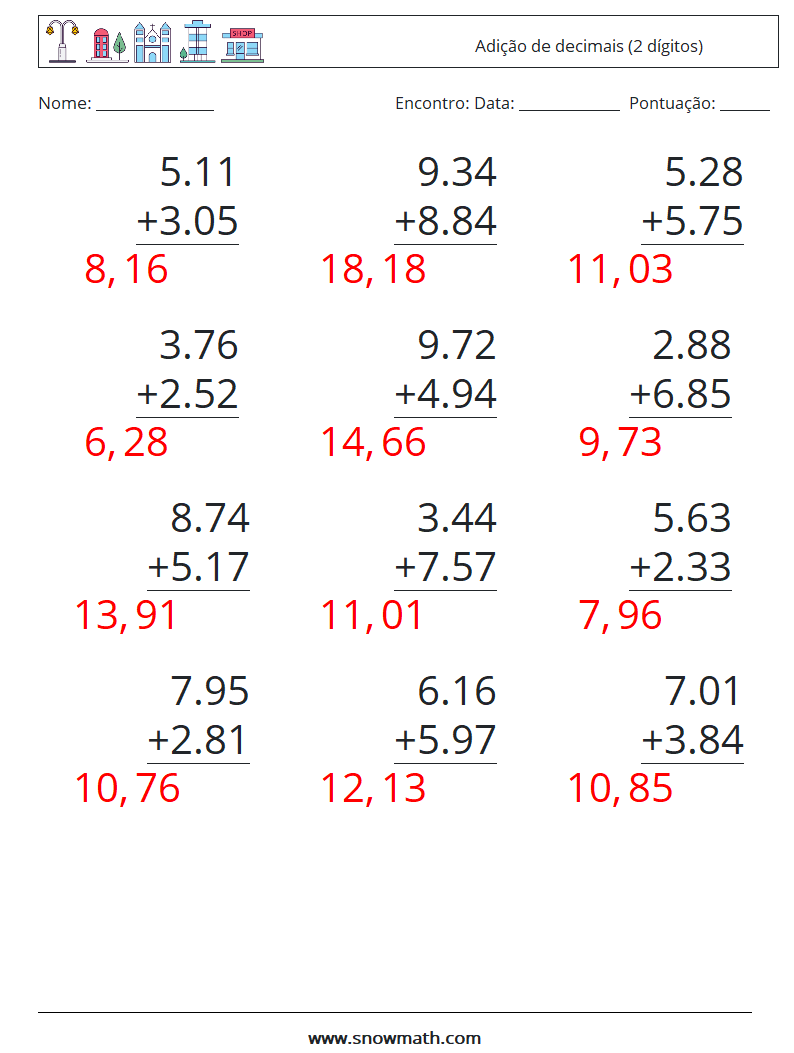 (12) Adição de decimais (2 dígitos) planilhas matemáticas 8 Pergunta, Resposta