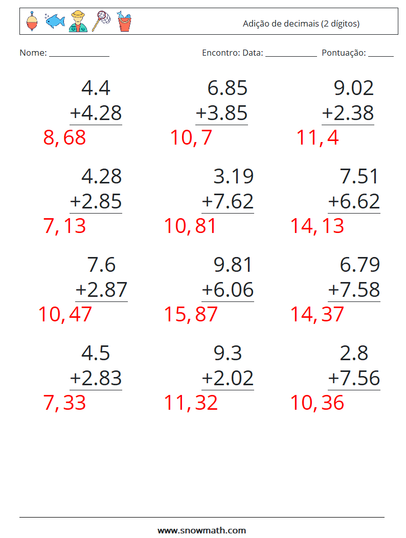 (12) Adição de decimais (2 dígitos) planilhas matemáticas 9 Pergunta, Resposta