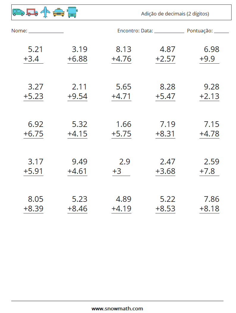 (25) Adição de decimais (2 dígitos) planilhas matemáticas 1