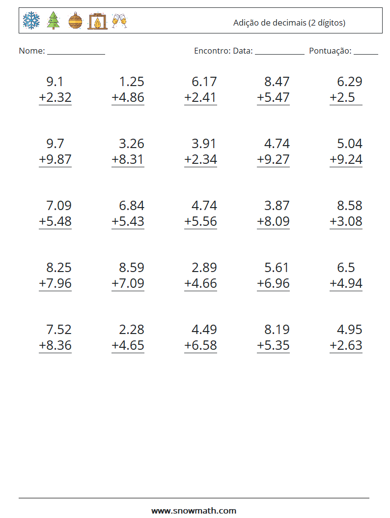 (25) Adição de decimais (2 dígitos) planilhas matemáticas 10