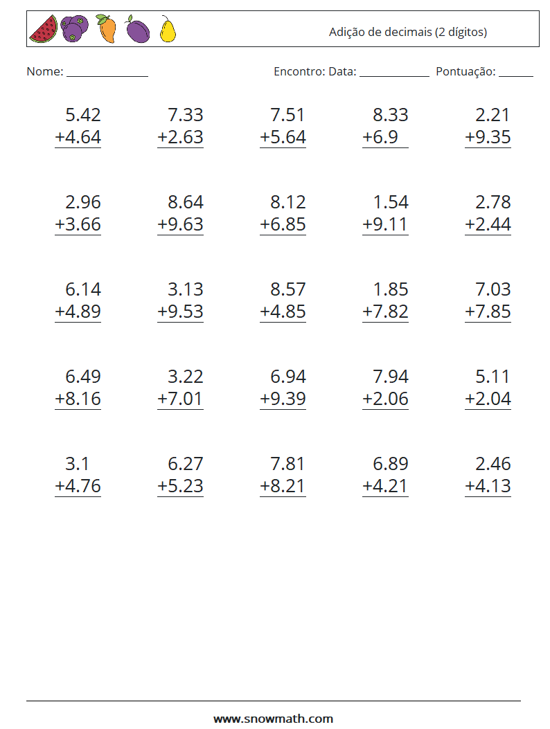 (25) Adição de decimais (2 dígitos) planilhas matemáticas 11