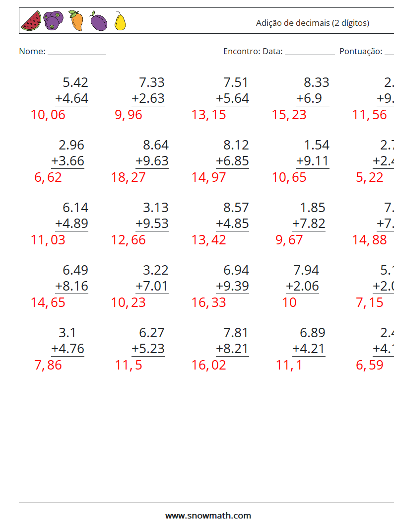 (25) Adição de decimais (2 dígitos) planilhas matemáticas 11 Pergunta, Resposta