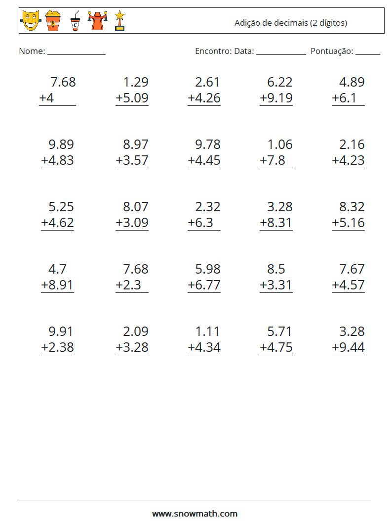 (25) Adição de decimais (2 dígitos) planilhas matemáticas 12