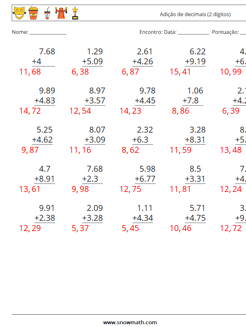 (25) Adição de decimais (2 dígitos) planilhas matemáticas 12 Pergunta, Resposta