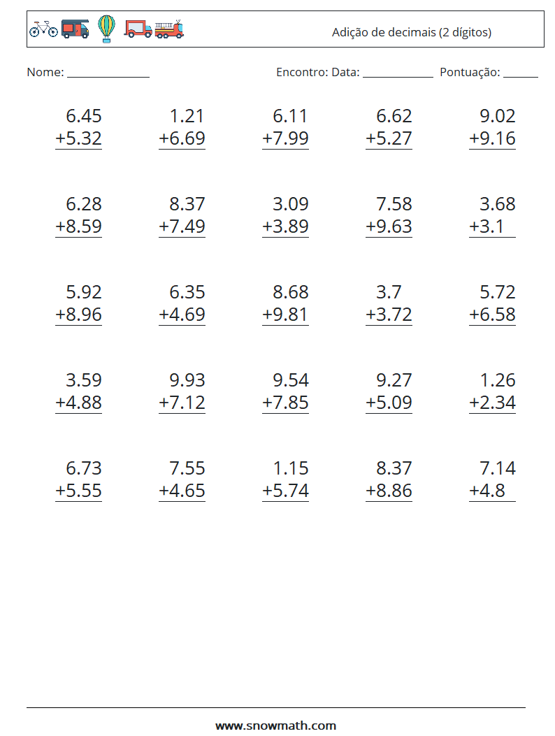 (25) Adição de decimais (2 dígitos) planilhas matemáticas 13