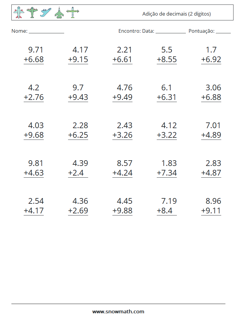 (25) Adição de decimais (2 dígitos) planilhas matemáticas 14