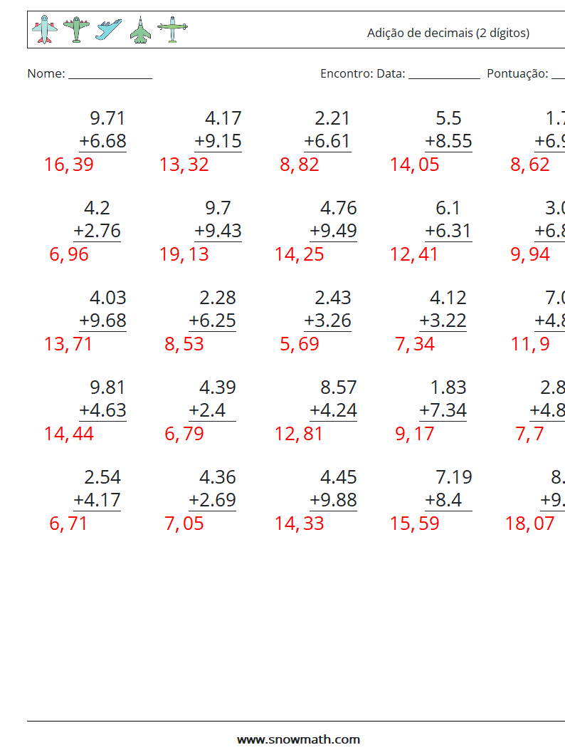 (25) Adição de decimais (2 dígitos) planilhas matemáticas 14 Pergunta, Resposta