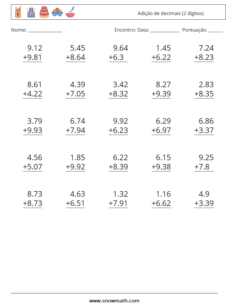 (25) Adição de decimais (2 dígitos) planilhas matemáticas 15