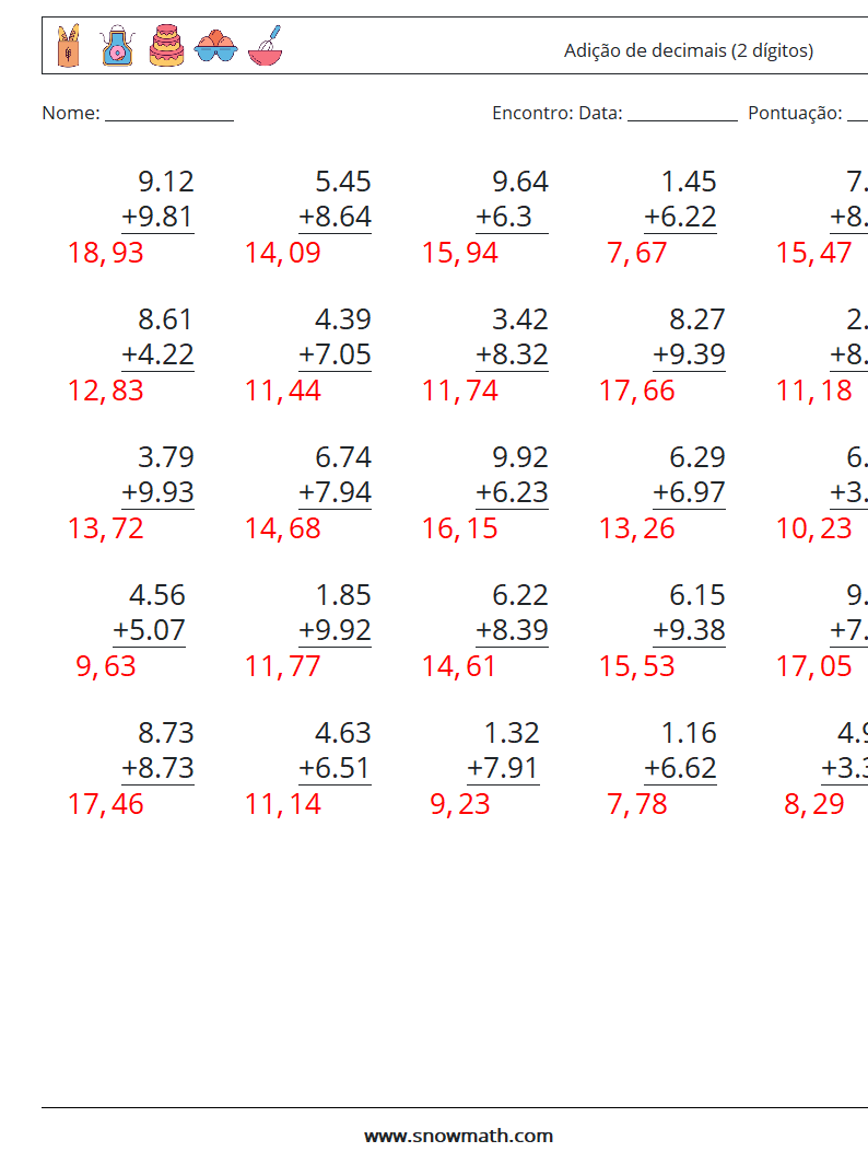 (25) Adição de decimais (2 dígitos) planilhas matemáticas 15 Pergunta, Resposta