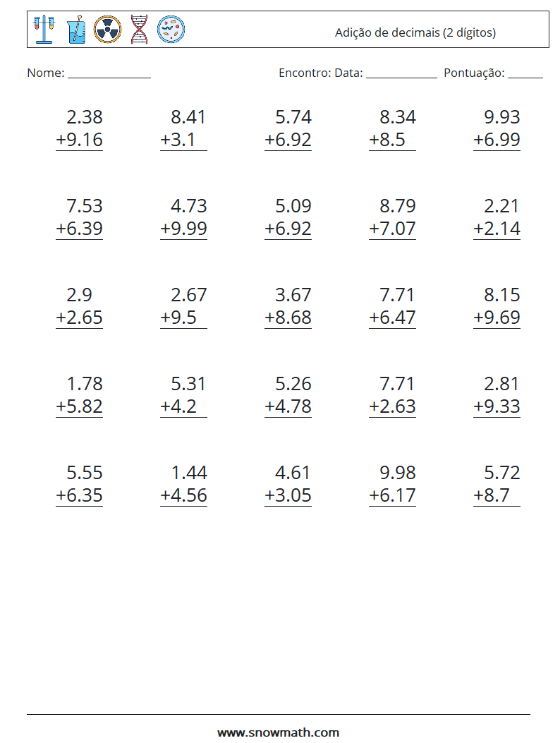 (25) Adição de decimais (2 dígitos) planilhas matemáticas 16