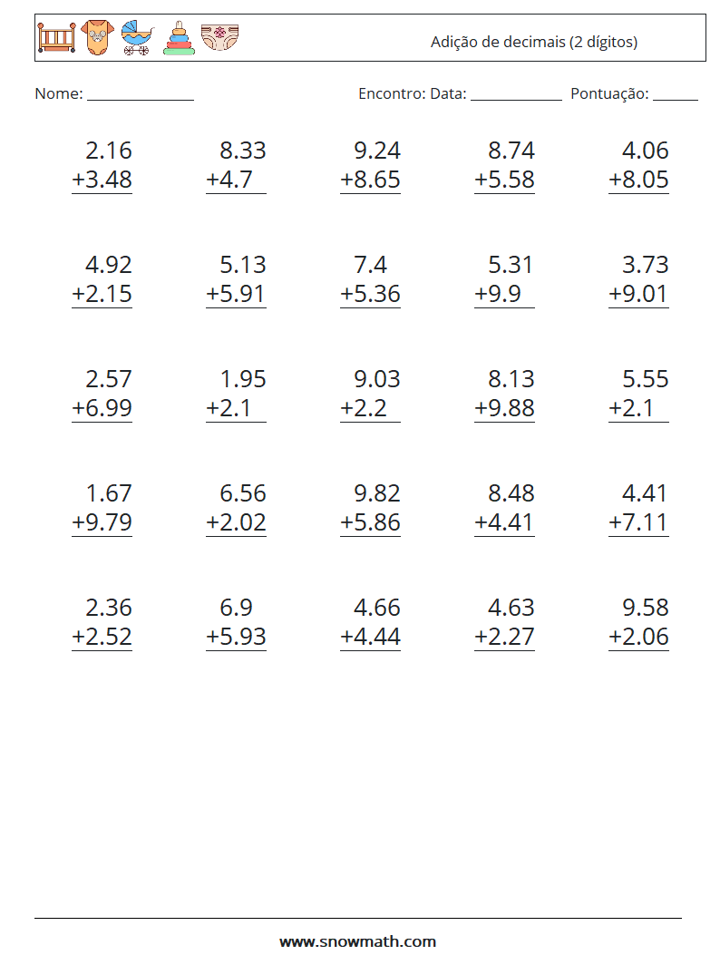 (25) Adição de decimais (2 dígitos) planilhas matemáticas 17