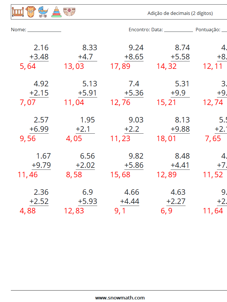 (25) Adição de decimais (2 dígitos) planilhas matemáticas 17 Pergunta, Resposta