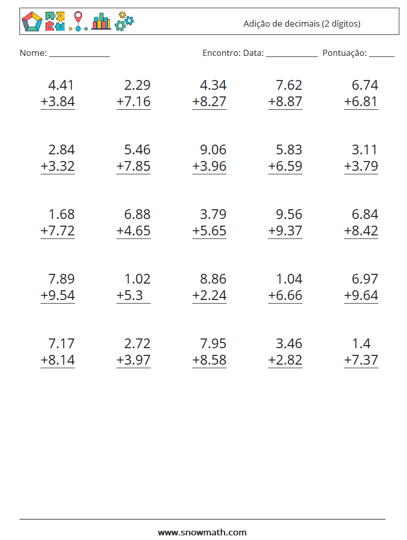 (25) Adição de decimais (2 dígitos) planilhas matemáticas 18