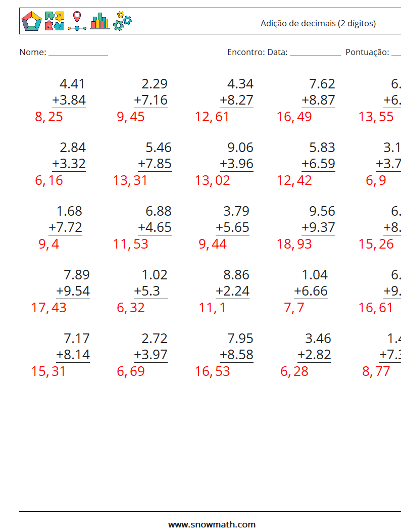 (25) Adição de decimais (2 dígitos) planilhas matemáticas 18 Pergunta, Resposta