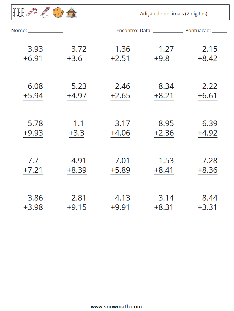 (25) Adição de decimais (2 dígitos) planilhas matemáticas 2