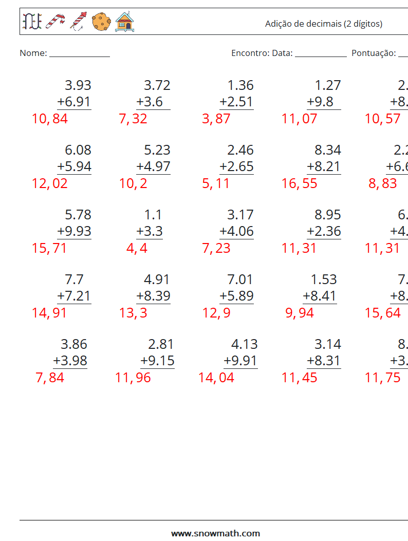 (25) Adição de decimais (2 dígitos) planilhas matemáticas 2 Pergunta, Resposta