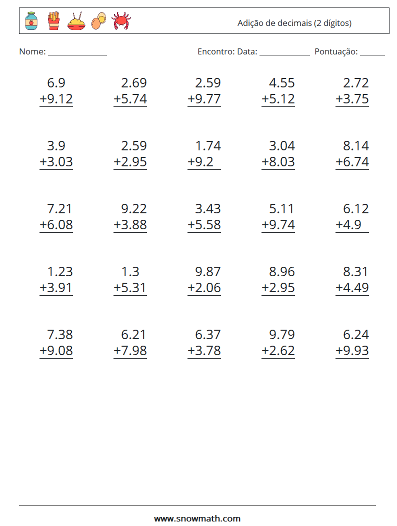 (25) Adição de decimais (2 dígitos) planilhas matemáticas 3