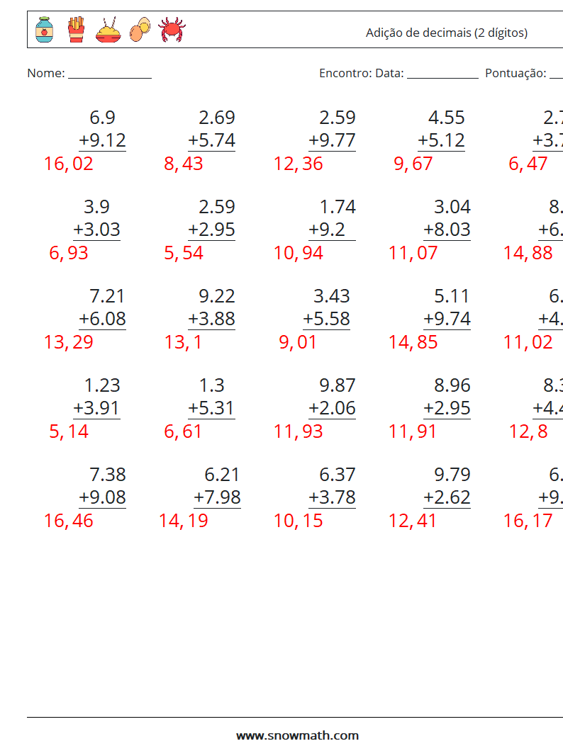 (25) Adição de decimais (2 dígitos) planilhas matemáticas 3 Pergunta, Resposta