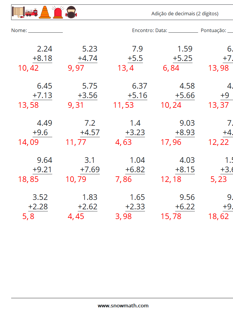 (25) Adição de decimais (2 dígitos) planilhas matemáticas 4 Pergunta, Resposta