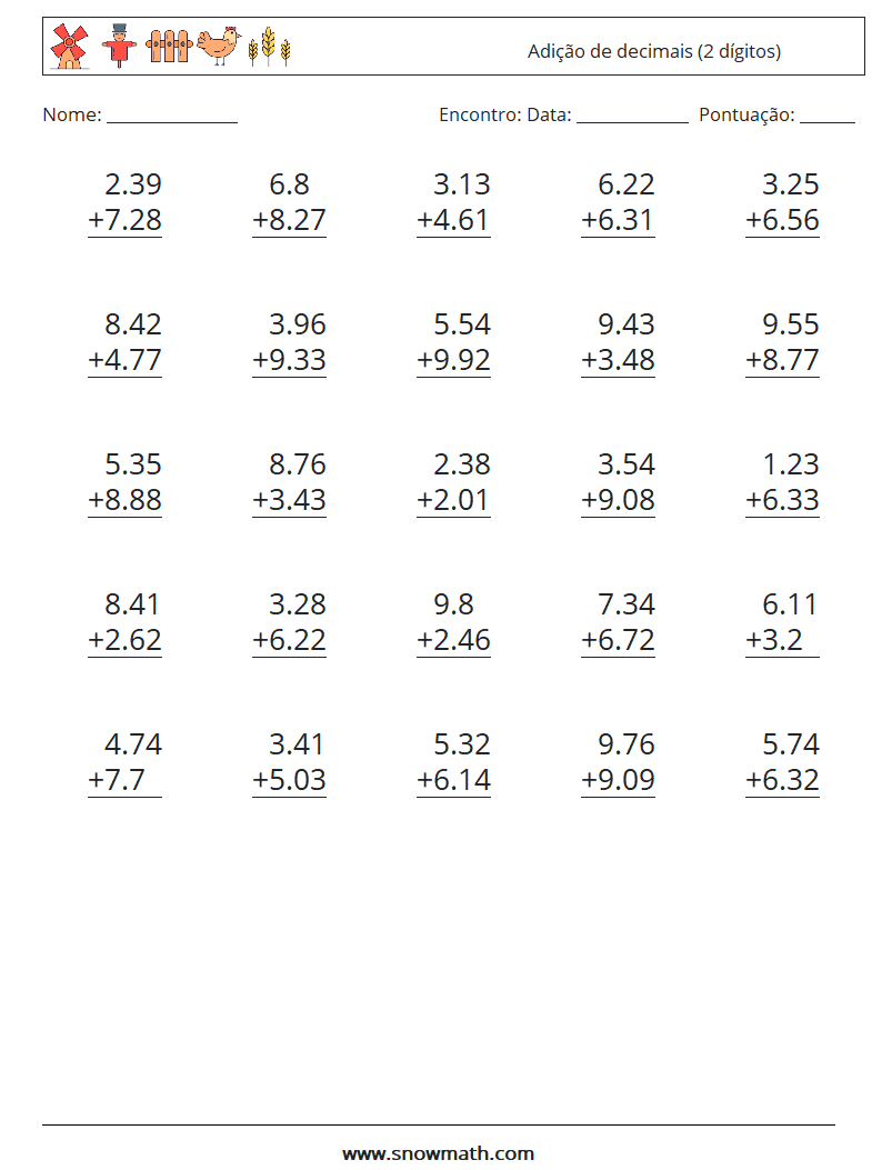 (25) Adição de decimais (2 dígitos) planilhas matemáticas 5